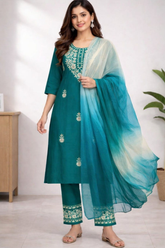 Teal Green Cotton Kurta Set with Ombre Chiffon Dupatta