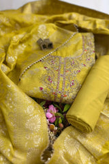 Elegant Mustard Yellow Shimmer Jacquard Unstitched Suit