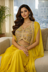 Sunshine Yellow Silk Designer Crop Top with Draped Skirt & Net Jacket