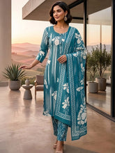Elegant Blue Printed Cotton Kurta Set with Dupatta