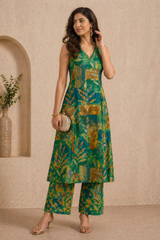Emerald Green Printed Cotton A-Line Kurta Set (Sleeves Included)