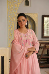 Blush Pink Mul Cotton Embroidered Kurta Set with Dupatta
