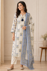 Elegant White & Blue Cotton Kota Doria Style Kurta Set with Dupatta