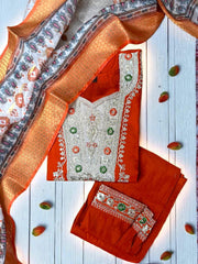 Rust Orange and Green Embroidered Suit Set with Printed Dupatta