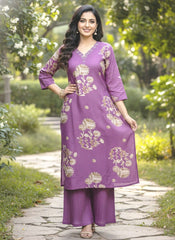 Purple Floral Printed Cotton Silk Kurta Palazzo Set