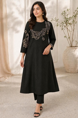 Black Handloom Cotton Embroidered Cotton A-Line Kurta Set
