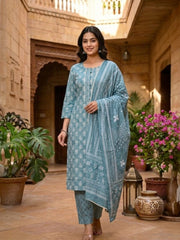 Elegant Teal Printed Cotton Kurta Set with Dupatta