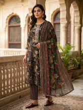 Elegant Black Floral Printed Viscose Rayon Kurta Set with Dupatta