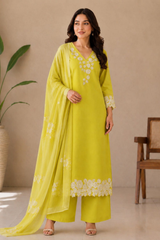 Lime Green Cotton Embroidered Kurta Set with Dupatta
