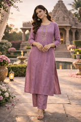 Elegant Mauve Crushed Shimmer Kurta Set with Zari Dupatta