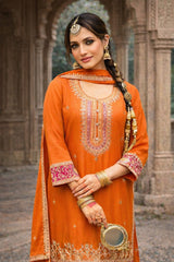 Rust Orange Chinon Embroidered Suit Set