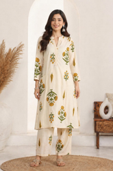 Off-White Handloom Cotton A Line Kurta Set with Floral Buta Print