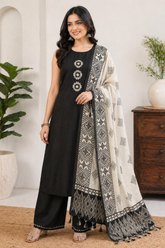 Black Muslin Real Mirror Work A Line Kurta Set with Designer Dupatta (Sleeves Included)