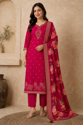 Rani Pink Dola Silk Embroidered Kurta Set with Floral Printed Dupatta