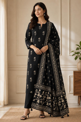 Black Cotton Printed Kurta Set with Floral Dupatta