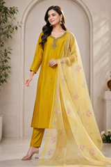 Yellow Roman Silk Mirror Work Kurta Set with Dupatta