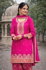Bright Pink Embroidered Chinon Kurta Set Afgani Bottton
