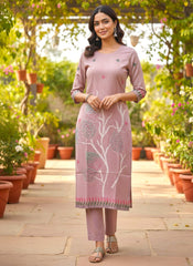 Dusty Rose Linen Cotton Printed Kurta Set with Artistic Dupatta