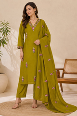 Olive Green Cotton Embroidered Kurta Set with Dupatta