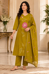 Elegant Embroidered Olive A-Line Kurta Set with Dupatta