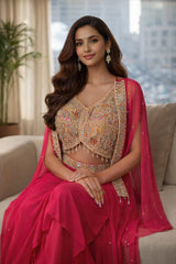 Rani Pink Designer Crop Top with Draped Skirt & Net Jacket