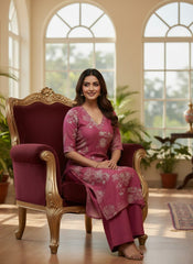Rose Pink Printed Cotton Silk Kurta Palazzo Set
