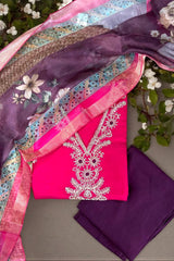 Elegant Dark Pink Silk Blend Suit Set with Embroidered Kurta & Printed Dupatta