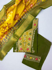 Rust Orange and Green Embroidered Suit Set with Printed Dupatta