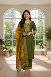 Rust Orange and Green Embroidered Suit Set with Printed Dupatta-Green