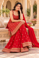 Royal Red Chinon Embroidered Kurta Sharara Set