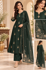 Elegant Bottle Green Dola Silk Embroidered Suit Set with Dupatta