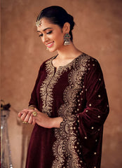 Unstitched Classic Maroon Embroidered Velvet Suit Set