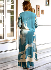 Teal Blue Rayon Co-ord Set with Artistic Leaf Print