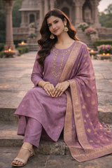 Elegant Mauve Crushed Shimmer Kurta Set with Zari Dupatta