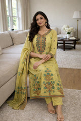 Mustard Yellow Linen Cotton Kurta Set with Dupatta