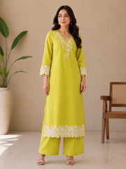 Lime Green Cotton Embroidered Kurta Set with Dupatta