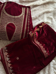 Unstitched Classic Maroon Embroidered Velvet Suit Set