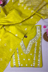 Lime Green Silk Blend Embroidered Suit Set with Banarasi Dupatta