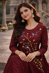 Maroon Cotton A-Line Kurta Set with Ajrakh Applique & Handwork Detailing