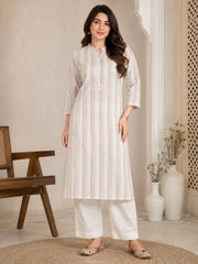 Elegant Off-White Striped Cotton Kurta Set with Pink Dip-Dyed Dupatta