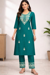 Teal Green Cotton Kurta Set with Ombre Chiffon Dupatta