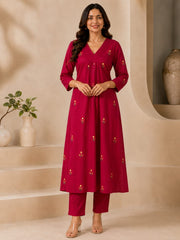 Rani Pink Cotton Embroidered A-Line Kurta Set with Dupatta