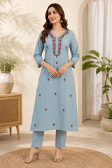 Graceful Sky Blue Cotton Embroidered Kurta Set with Dupatta