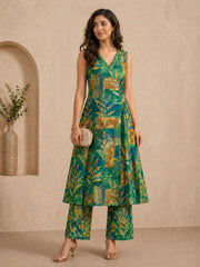 Emerald Green Printed Cotton A-Line Kurta Set (Sleeves Included)