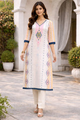 Elegant Off-White Cotton Kurta Set with Pastel Prints & Striped Dupatta