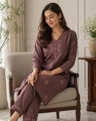 Mocha Brown Chikankari Rayon Kurta Set (Without Dupatta)