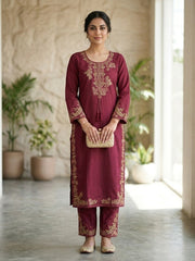 Maroon Thread Embroidered Cotton Kurta Set with Dupatta