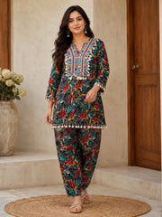 Floral Mirror Work Rayon Kurta Set with Farsi Bottom & Chiffon Dupatta