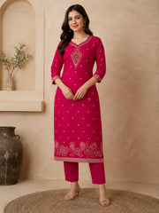 Rani Pink Dola Silk Embroidered Kurta Set with Floral Printed Dupatta