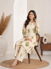 Off-White Handloom Cotton A Line Kurta Set with Floral Buta Print